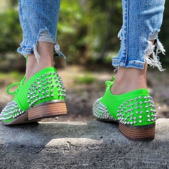 Women's Neon Green Silver Studded Lace Up Flat Oxford Shoes - Picture 4 of 5